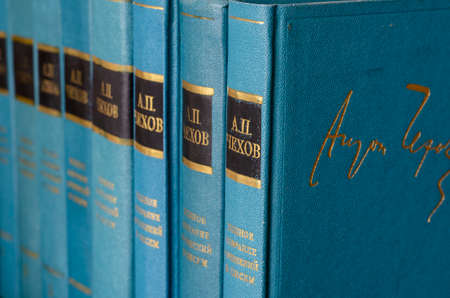 Hardcover collected Russian writer A.P. Chekhov. The inscription on the spine of the book: A.P. Chekhov, a complete collection of works and letters. Nikolaev, Ukraine - May 12, 2020のeditorial素材