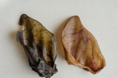 Natural dried chewing treats for domestic dogs. Close-up of two dried ears on a white textured background. Beef and pork ear. Pet supplies.の写真素材