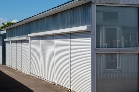 Self-service warehouses with white shutter doors closed. Commercial storage services for personal...