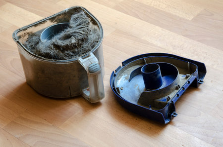 Vacuum cleaner container with garbage. A plastic waste container full of dust and wool. Cleaning...