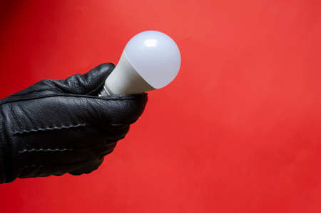 Male hand in leather glove holds light bulb. Right hand holding single white light bulb against coral background. Side view. Selective focus.の写真素材