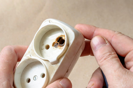 An electrician demonstrates an electrical outlet burned. White extension cord after short circuit in...