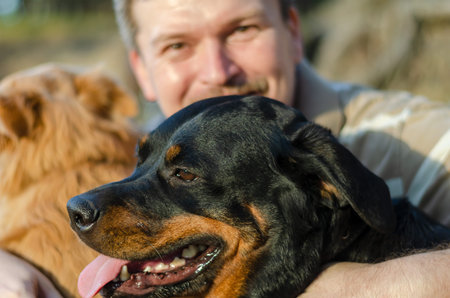 Portrait of mature man embracing two dogs while walking. Happy Caucasian middle aged male with...