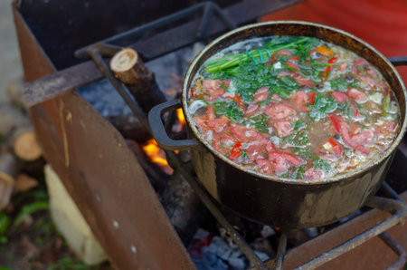 Fish soup tomatoes and dill is cooked on the fire. Fresh-soup in an iron bowl in nature. Active...