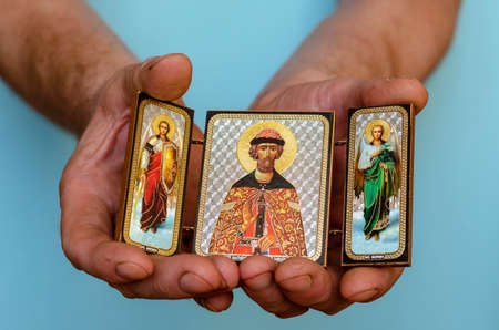 Christian icon of St. Dmitry Donskoy and the Archangels Gabriel and Michael in their hands. The inscriptions in Russian mean the names of those depicted on the icon. Orthodox Church.の写真素材