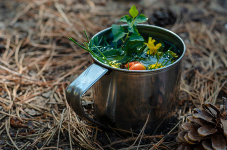 A metal mug with herbal tea among the needles and cones in the forest. Herbal tea from rose hips and...