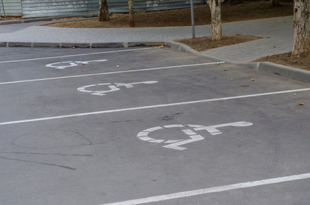 White Wheelchair Icon On A Gray Asphalt Parking Lot. Road marking on the asphalt with parking spaces...