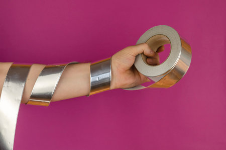 Hand wrapped with aluminum duct tape for padding. Man's hand with roll of waterproofing and thermal insulation on pink background.の写真素材