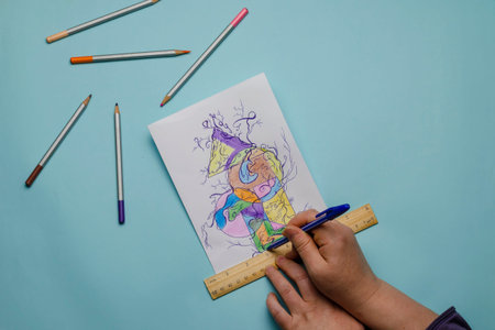 Mental health, a modern method of art therapy, Neurographics. The hands of an adult woman draw an...
