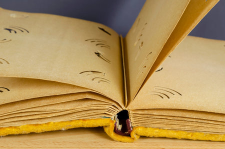 An open old photo album wrapped in yellow velvet. Vintage photo album with blank pages against a...