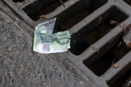 One hundred euro bill on the grate of the storm drain. Wet banknote snagged on a metal grate. Close-up. Selective focus.の写真素材