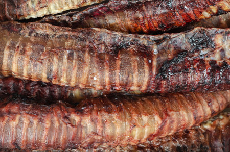 Dried beef trachea, full frame. Natural Chewable Pet Treats. Close-up. Selective focus.