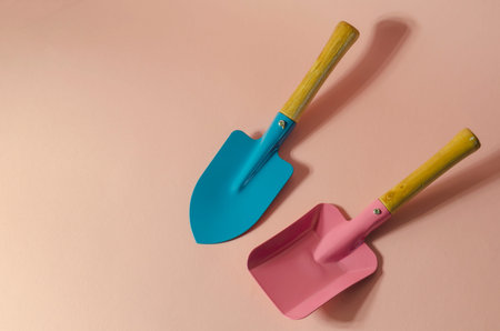 Minimalistic composition with blue and pink garden shovels on a pink background. Shovels with wooden handles. Garden tools, hand toolsの写真素材