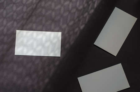 Minimalist light and shadow composition with business cards on gray background. Three Blank paper rectangles in an abstract shadow pattern. Diagonal dividing line. Advertising, business concept.の写真素材
