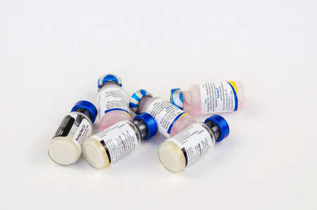 Vanguard Plus 5 / CVL vaccine on white. Vaccine for animals by Pfizer, USA. Intended for vaccination of dogs against plague, infectious hepatitis, coronavirosis and others. Kiev, Ukraine - 04 24 2021のeditorial素材