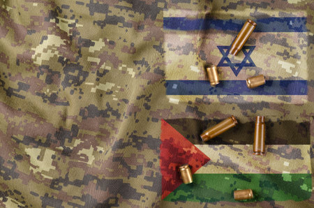 Palestinian-Israeli conflict concept. Israeli and Palestinian flags on camouflage military uniforms....