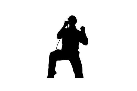 Silhouette of a male rock singer with a microphone on a white background. A man emotionally performing a song, gesturing with his hands. Singer man artist against public on concert.のイラスト素材
