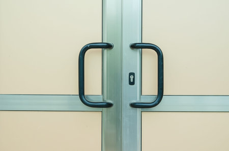 Aluminum front door with arc-shaped handles. Beige opaque door with black handles. Emergency exit....