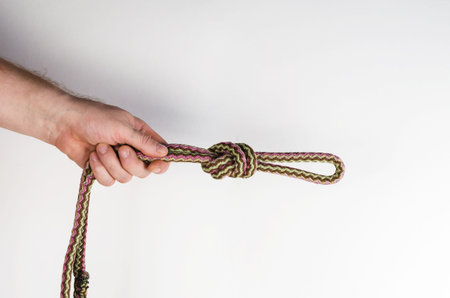 Rope and hand on a white background. Adult male holding a three-color round rope with a loop and...