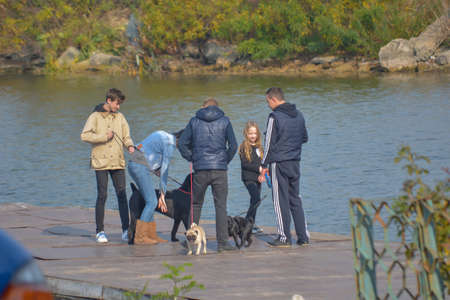 Middle-aged woman with her daughter and three teenagers with their pets on the pier. People stroll with their dogs along the fall riverbank. Dogs are Cane Corso and Pug. Kherson, Ukraine - 10 21 2018のeditorial素材