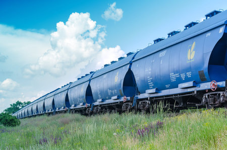 Moving train with grain wagons on the background of the summer sky. Blue wagons full of grain cargo....