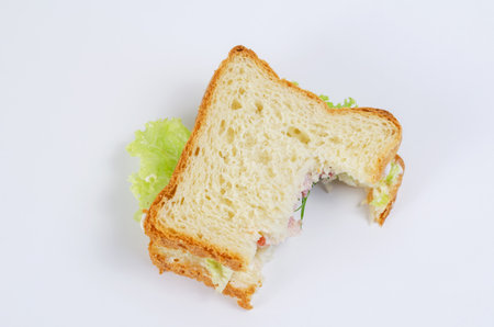 Half-eaten Turkey Sandwich on a white background. Turkey, red tomatoes, green lettuce, dill and white sauce. Food scraps. Top viewの写真素材