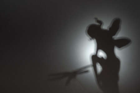 Abstract defocused silhouettes of fairy With graceful wings on a gray background. The fairy sits and talks to the dragonfly. Magic, myths, fairy tale characters concept.の写真素材