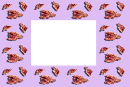Raw chicken carcass on lilac background. Fresh chicken skeleton. An empty white rectangle for text...
