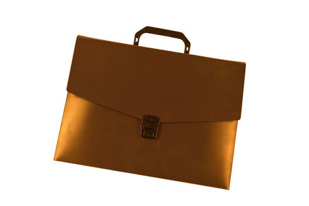 Bronze paper briefcase on a white background. Closed plastic briefcase. Stationery, office accessories. Cut out. Isolated.の写真素材
