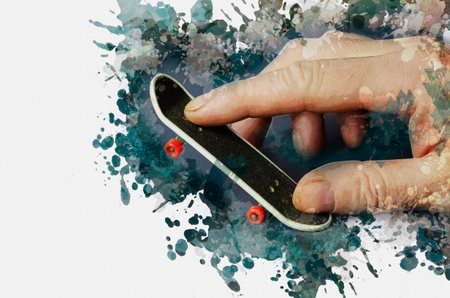 Digital watercolor painting Mini skate and hand. Male hand plays finger skateboard. Modern Art.
