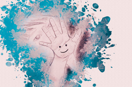 Digital watercolor painting of a child with an outstretched arm. A little boy with a drawn smile on his open palm. I give you a positive concept. Contemporary art, drawing.の写真素材