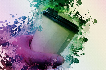 Digital watercolor painting of a mans hand holding a paper coffee cup with a lid. Man holding a cup...