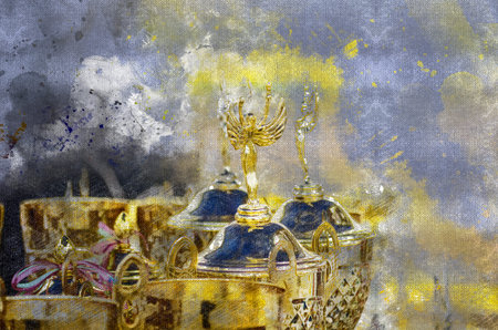 Digital Watercolor Painting Trophy Tournament Leadership Awards. Group of golden sports trophies on the table. Modern art. Abstract wallpaper.の写真素材