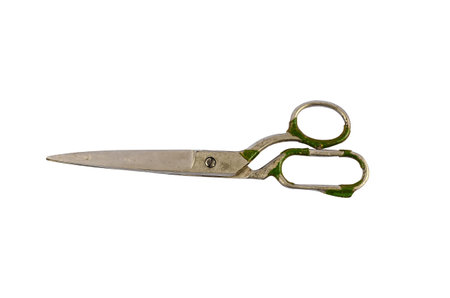 Old tailor scissors isolated on a white background. Vintage hand tool. Craft.