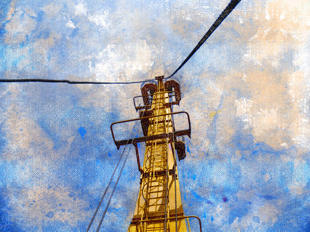 Digital watercolor painting. Industry. The yellow boom of the harbor crane against the blue sky....