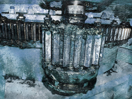 Digital watercolor painting. Contemporary Art. Industry. Large gear of harbor crane in grease. Gear...