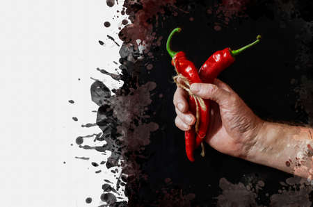 Two ripe red chili peppers in hand. A man holds the ripe Peppers tied with string. Fresh, raw vegetables amidst chaotic splashes and drips of paint. Digital painting. Modern Art.の写真素材