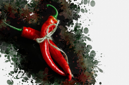 Two pods of ripe red chili peppers. The peppers are tied with string. Fresh, raw vegetables amidst...
