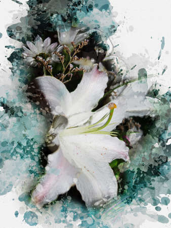 Beautiful bouquet of white lilies. Close-up of white delicate flowers. Symbol of the virgin Mary's chastity in Christianity. Digital watercolor painting. Canvas texture. Contemporary digital artの写真素材
