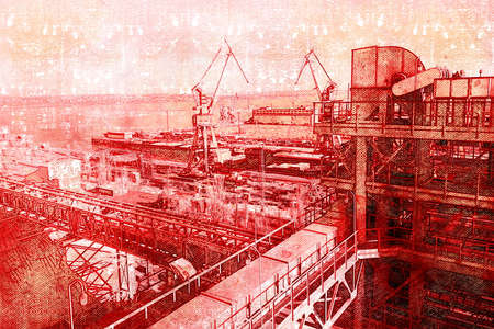 Shipyard. Dry dock. Cranes, shops, metal structures. Industry. The view from above at an angle. Red Tinting. Digital painting. Contemporary artの写真素材
