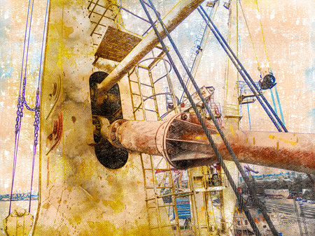 Digital watercolor painting. Contemporary Art. Industry. Port crane. Cargo beam angle control...
