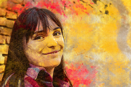 Colorful Portrait of a cheerful smiling young woman with loose dark hair. Happy positive female with...