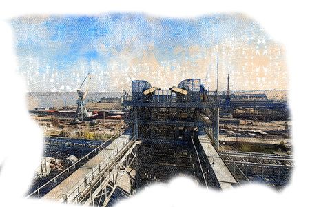 A view from above of the seaport. An elevator tower with enclosed conveyor belts in the foreground....