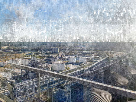 Grain and oil terminals of a modern sea commercial port. Silos for storing grain. Tanks for oil and fuel. Logistics and trade. Industrial background. Digital painting. Modern artの写真素材