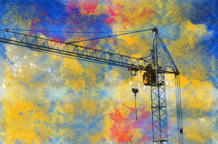 Industrial construction crane silhouette over sun at sunrise. Tall crane with hook and slings against multicolored sky. Digital watercolor painting. Digital artの写真素材