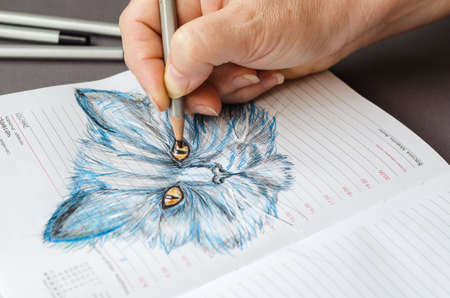 A woman draws a cat in colored pencils on the pages of an open diary. Blue hand-drawn pet on gray background. Active pastime, leisure time at home. Selective Focus.の写真素材