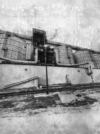 Grain terminal with silos, elevator towers, and conveyor belts. Metal silos for storing grain cargo. Railroad track in the foreground. Black and white digital painting. Modern artの写真素材