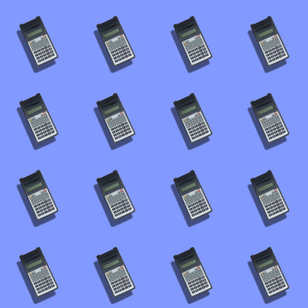 Geometric composition with repeating scientific calculators. Blue pastel background