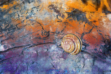 A snail crawling on a multicolored wooden surface. One mollusk outdoors. Animals in their natural habitat. Digital watercolor painting.の写真素材