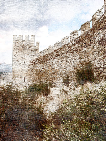 An ancient fortress against the sky. Medieval fortification wall with watchtowers. Architecture, journey. Digital watercolor paintingの写真素材